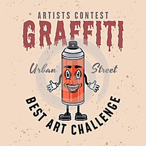 Graffiti contest vector colored emblem, badge, label or logo with spray paint can smiling character on light background