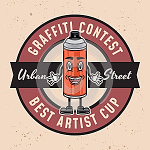 Graffiti contest vector colored emblem, badge, label or logo with spray paint can smiling character on light background