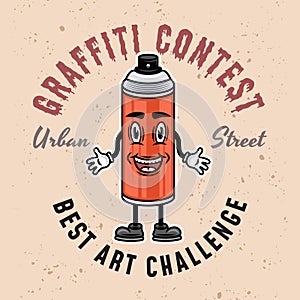 Graffiti contest vector colored emblem, badge, label or logo with spray paint can smiling character on light background