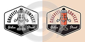 Graffiti contest vector emblems, badges, labels or logos with spray paint can smiling character in two styles black on