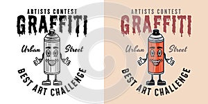 Graffiti contest vector emblems, badges, labels or logos with spray paint can smiling character in two styles black on