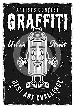 Graffiti contest vintage black poster template with spray paint can smiling character vector illustration. Layered