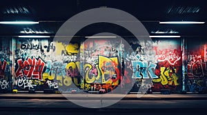 A graffiti covered wall in an underground parking garage, AI