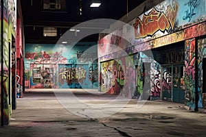 graffiti-covered walls inside a vacant mall