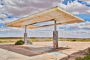 Graffiti Covers the Remains of an Abandoned Gas Station along old Route 66