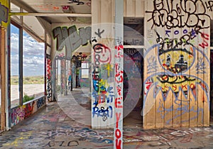 Graffiti Covers the Remains of an Abandoned Gas Station along old Route 66