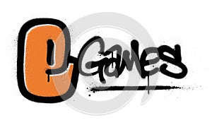 Graffiti E games text sprayed in black and orange over white