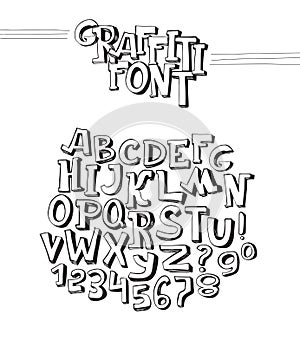 Graffiti font. Abc letters from A to Z and numbers from 0 to 9, isolated on white background. 3d hand drawn alphabet. Black