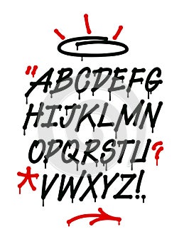 Graffiti font with drips and decorations. Vector alphabet