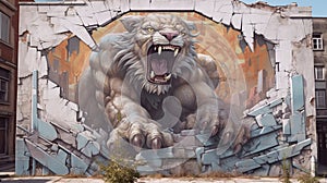 Graffiti of a lion coming out of a wall.