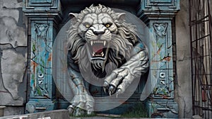 Graffiti of a lion coming out of a wall.