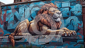 Graffiti of a lion coming out of a wall.