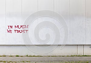 Graffiti `In Mush We Trust`, red writing sprayed on white house wall in Berlin