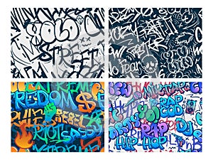 Graffiti pattern. Abstract riot street art, urban YOLO tags and underground hip-hop rap graffitis seamless vector background set