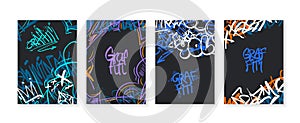 Graffiti poster. Street art marker tags, urban underground culture background frames with abstract graffitis vector set
