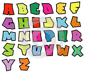 Graffiti readable fonts alphabet over white in multiple color