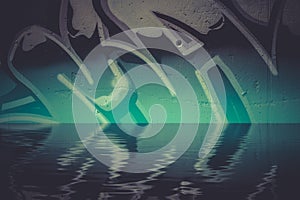 Graffiti reflection in the water, artistic chrome letters