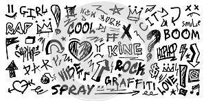 Graffiti spray elements. Art doodle font. Urban brush texture. Hand drawn lines. Graphic heart or star. Wall painting