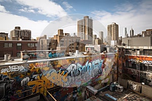 graffiti sprayer artist's work spanning cityscape, with buildings and architecture as backdrop