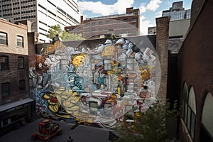 graffiti sprayer artist's work spanning cityscape, with buildings and architecture as backdrop