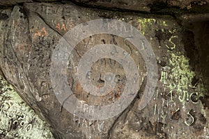 Graffiti in St Cuthberts Cave, Northumberland. England.UK