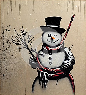 Graffiti Style Illustration of Classic Snowman on Weathered Wall