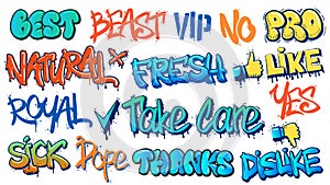 Graffiti tags. Fresh, best and dope street art text signs. Spray paint typography, like and dislike graffitis vector set
