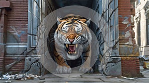 Graffiti of a tiger coming out of a wall.