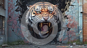 Graffiti of a tiger coming out of a wall.