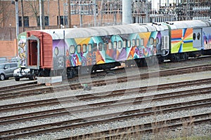 Graffiti on train cars in SE Portland, Oregon