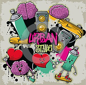 Graffiti urban style poster with set icons