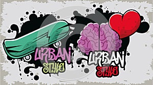 Graffiti urban style poster with skateboard and brain