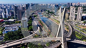 Graffiti Vandalism on top of Famous Cable Bridge in Sao Paulo Brazil.