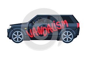 Graffiti Vandalism Word Sprayed on Car, Auto Accident Flat Vector Illustration