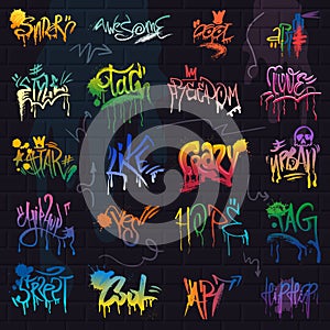 Graffiti vector graffito of brushstroke lettering or graphic grunge typography illustration set of street text with love
