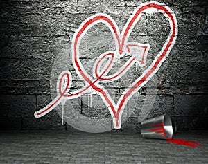 Graffiti wall with arrow and heart sign, street background