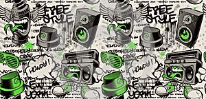 Graffiti wall background, graffiti seamless pattern with different graffiti characters