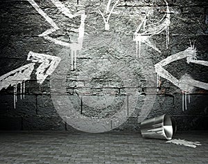 Graffiti wall with frame and arrows, street background