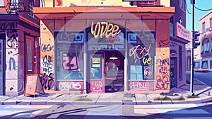 Graffiti on wall and large window at the front of a modern cafe facade. Modern cartoon illustration of neighborhood