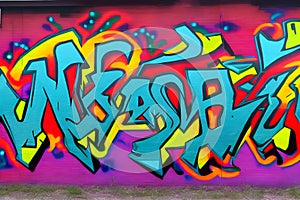 a graffiti wall with the word 5 written in pink and blue