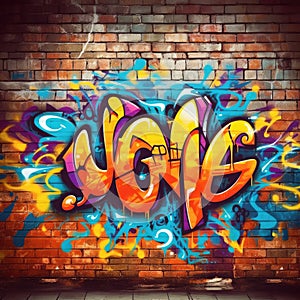 Graffiti wall with word written in bold letters. The graffiti is located on an old brick building, which adds to its