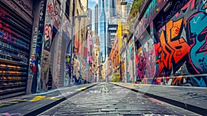 Graffiticovered walls line a narrow alleyway while towering glass highrises loom in the background representing the