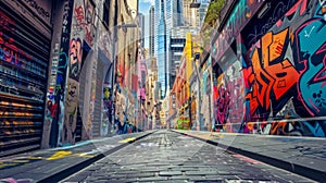 Graffiticovered walls line a narrow alleyway while towering glass highrises loom in the background representing the photo