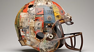 Graffitied Assemblage: Recycled Paper Football Helmet With Robotic Motifs