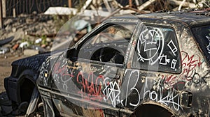 A graffitied car door with cryptic symbols and messages believed to be a summoning site for supernatural forces by local photo
