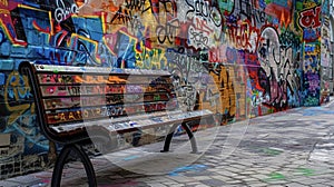 Graffitistyle murals covering the walls and benches showcasing a bold and edgy artistry