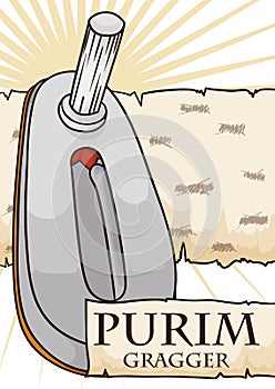 Gragger over Ancient Scroll of Esther for Purim Celebration, Vector Illustration