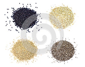 White and black sesame seeds, Quinoa, chia seed isolated on white