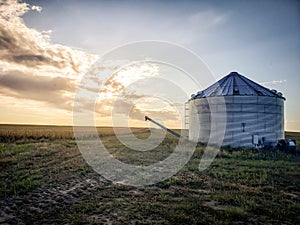 Grain bin working day and night on a farm during harvest season.