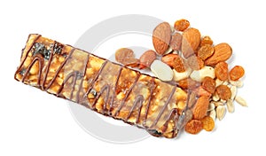 Grain cereal bar with chocolate, nuts and raisins